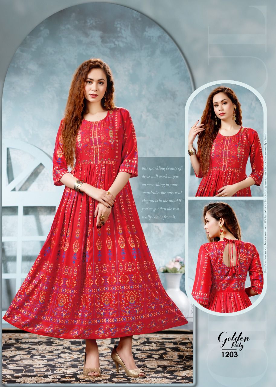 Beauty Queen Golden Party Ethnic Wear Rayon Printed Anarkali Long Kurti Collection